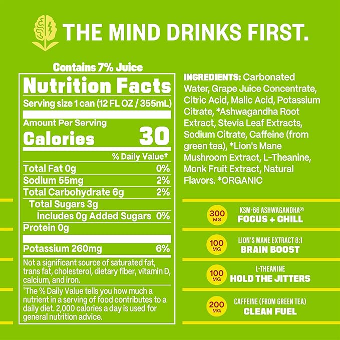 GYM WEED Athletic Focus Drink with KSM-66 Ashwagandha, Lion's Mane Mushroom, L-Theanine, 200mg Green Tea Caffeine with Natural Sweeteners Pear Pineapple Flavor, 12 Pack