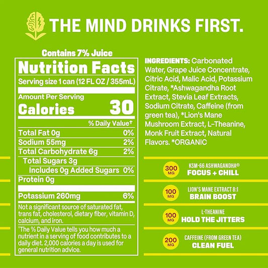 GYM WEED Athletic Focus Drink with KSM-66 Ashwagandha, Lion's Mane Mushroom, L-Theanine, 200mg Green Tea Caffeine with Natural Sweeteners Pear Pineapple Flavor, 12 Pack