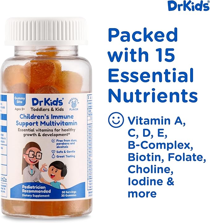 Dr. Kids Children's Immune Support Multivitamin Gummy Bites – Supports Growth and Development with 15 Essential Vitamins and Minerals, Safe & Gentle for Kids Ages 2+, Pineapple Flavor, 30 Count