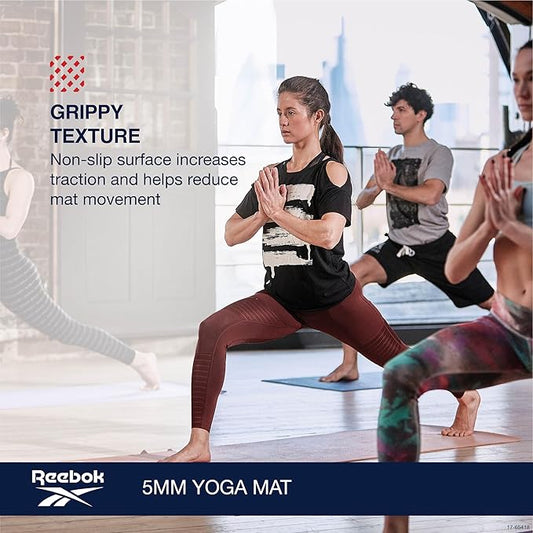 Reebok 5mm Solid Yoga Mat 68" x 24" Non-Slip, Lightweight, Foldable, and Durable Exercise Mat with Carry Strap for Home Workout, Yoga, Pilates, Fitness, and Outdoor Training