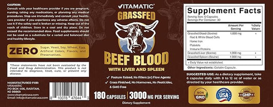 Vitamatic Grass Fed Beef Blood with Liver and Spleen - 180 Capsules - Freeze Dried & Non-GMO - Pasture Raised Glandular Supplement - Made in USA