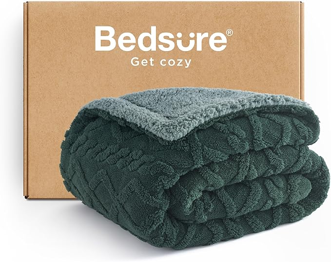 Bedsure Sherpa Fleece Throw Blanket for Couch - GentleSoft Fluffy & Cozy Cable Jacquard Tufted Throw for Women Gift, Thick and Warm Blankets for Winter, Dark Green, 50x60 Inches