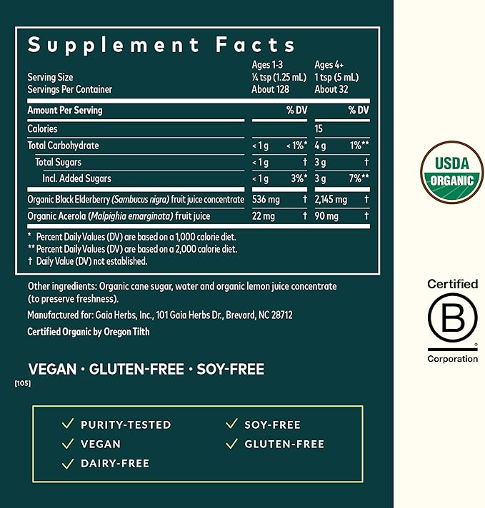 Gaia Herbs Black Elderberry(Sambucus Nigra)Syrup Extra Strength-Immune Support Supplement-Made with Organic Black Elderberries for Immune System-USDA Certified Organic Formula-5.4 Fl Oz(32-Day Supply)