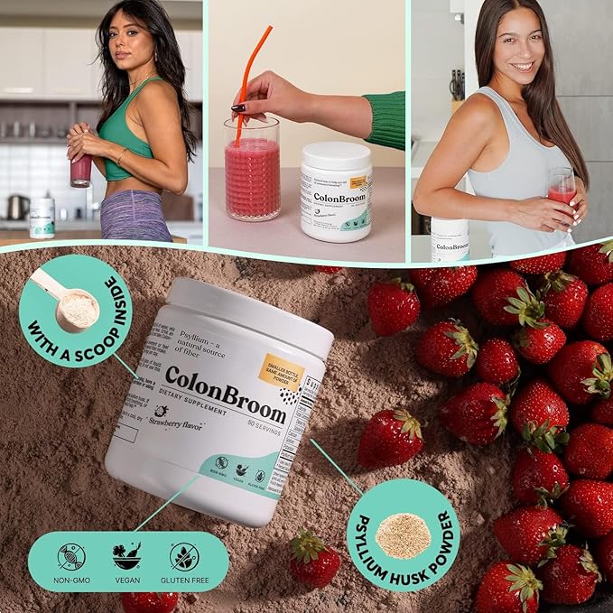 ColonBroom Psyllium Husk Powders (Strawberry, 150 Servings) - Colon Cleanse for Bloating Relief & Gut Health - Colon Broom Fiber Powder Drink - Vegan, Gluten Free, Non-GMO Fiber Powder Supplement