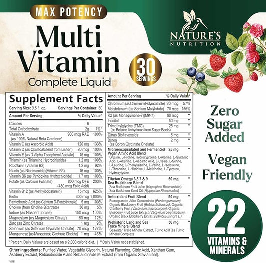 Liquid Multivitamin, Sugar Free Multi Vitamin for Women Men & Kids, Vitamins A, C, D, B-12, Biotin & Zinc for Beauty, Skin Care, Thicker Hair Growth & Wrinkles, Non-GMO, Vegan, Berry Flavor, 15 Fl Oz