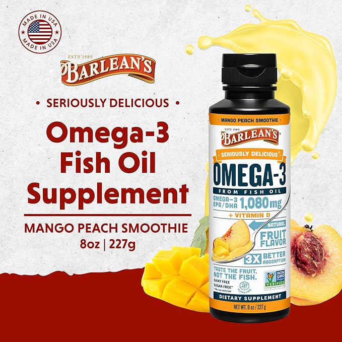 Barlean's Mango Peach Omega 3 Fish Oil Liquid Supplement with Vitamin D, 1080mg EPA & DHA Fatty Acid, Smoothie Flavored & Burpless for Brain, Joint, & Heart Health, 8 oz