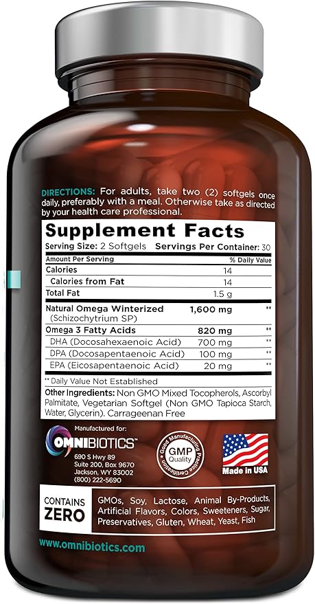 OmniBiotics Vegan Omega 3 DHA EPA Supplement – MD-Certified Prenatal Supplement with 8X More DHA Than Krill Oil, Fish-Free, Non-GMO – 60 Vegan Capsules