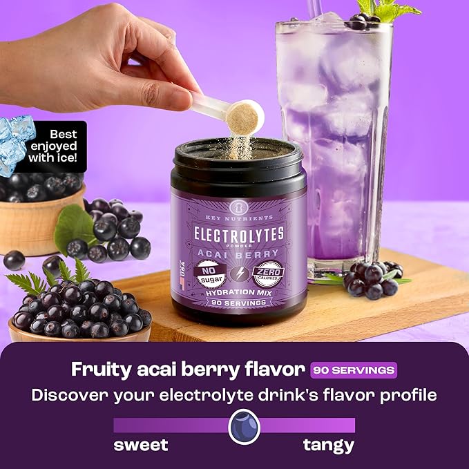 KEY NUTRIENTS Multivitamin Electrolytes Powder No Sugar - Fruity Acai Berry Electrolyte Powder - Endurance & Energy Supplement - Hydration Powder - No Calories - 90 Servings - Made in USA
