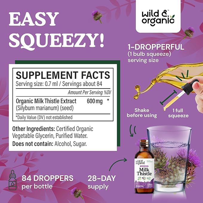 Wild & Organic Milk Thistle Extract Drops - Liver Cleanse Support - Milk Thistle Liver Detox Tincture - Silymarin Supplement - Silybum Marianum Seeds - Vegan, Sugar & Alcohol-Free - 2 fl oz