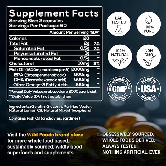 Wild Foods Omega 3 Fish Oil Supplement, 120 Capsules (1 pk) | Wild Caught, Burpless, Odorless, Non-GMO, Gluten Free | DPA, DHA, EPA Triple Strength Heart & Joint Nutrition for Women & Men