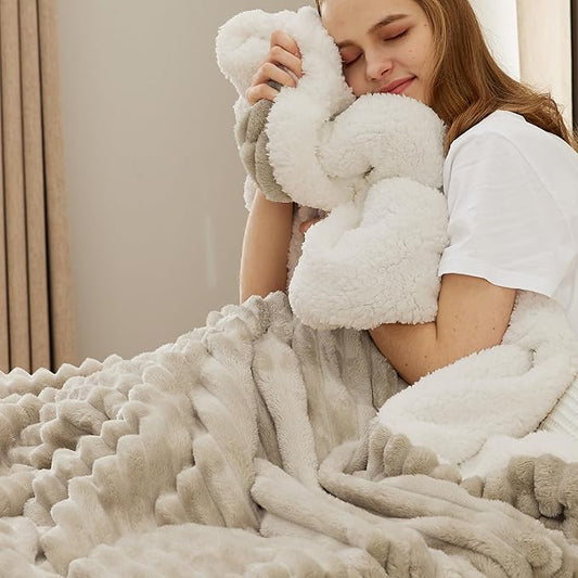 Bedsure Sherpa Blanket Queen Size for Bed - Super Soft, Cozy Fleece Thick Warm Blanket for Winter, GentleSoft Home Room Decor, Beige, 90x90 Inches