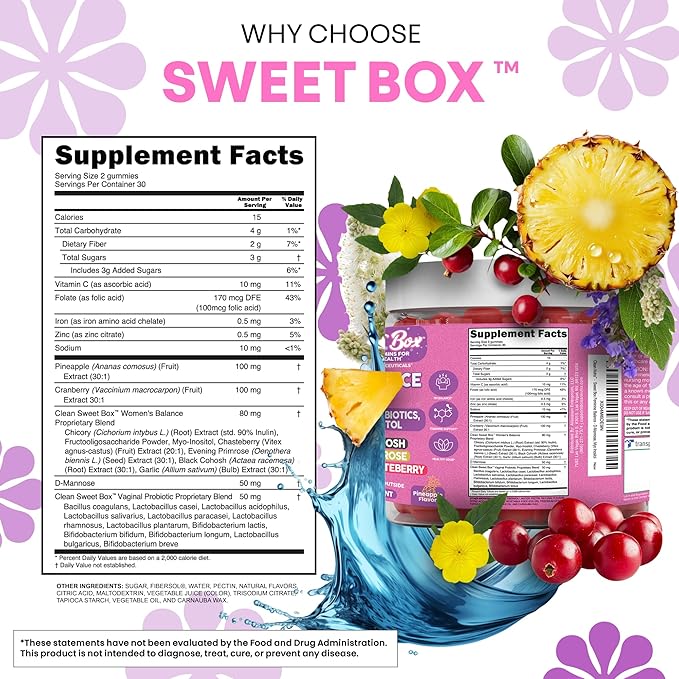 Clean Nutra Feminine Balance Gummies for Women Pineapple VaginalProbiotics pH Balance Cranberry D Mannose Supplement Inositol Black Cohosh Evening Primrose Garlic Vitex GLA Prebiotics Folate 60ct