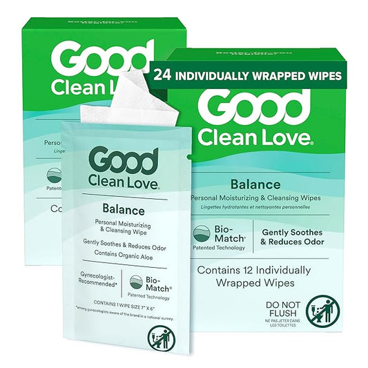 Good Clean Love Balance pH-Balanced Feminine Wipes, Supports Vaginal Health Naturally & Reduces Odor, Non-Irritating Moisturizing & Cleansing Hygiene Product Made with Organic Aloe, (24 Count)