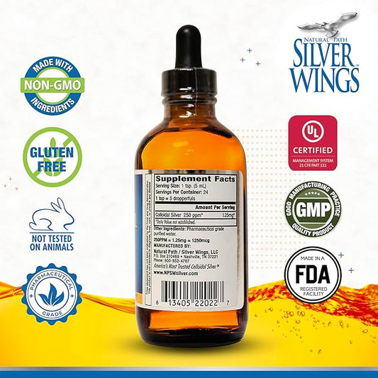 Natural Path Silver Wings Colloidal Silver Liquid - Enhanced Immune Support Supplement - 250ppm (1250mcg) - 4oz Dropper
