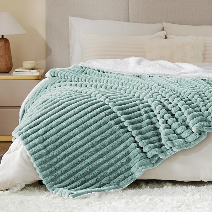 INFIIXSO Sherpa Throw Blanket for Couch - Super Soft & Warm Striped Fleece Blanket, Cozy Plush Fluffy Blanket All Season Use (Haze Blue, 60x80 Inches)