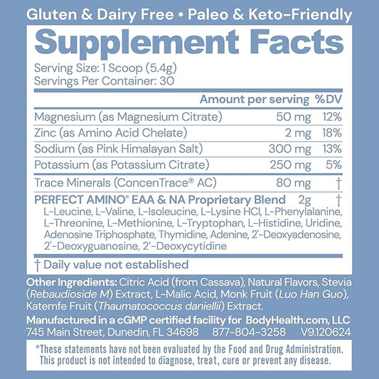 BodyHealth PerfectAmino Electrolytes Powder No Sugar, Keto Sugar Free Fasting Electrolytes Drink Mix, Hydration Powder with Trace Minerals - Orange - 30 Servings