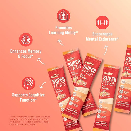 SuperFocus Focus Drink Mix – Fruit Punch Flavor – Alpha GPC, Lion’s Mane, Rhodiola & N-Acetyl L-Tyrosine – Sugar-Free, On-The-Go Packets – 20 Servings