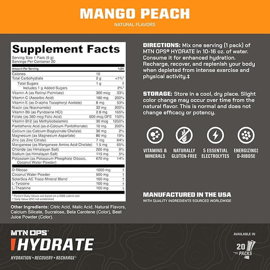 MTN OPS Hydrate Electrolytes Powder Drink Mix, 20 Single Serving On-The-Go Electrolyte Packs with Over 1000mg of Electrolytes per Serving, Mango Peach