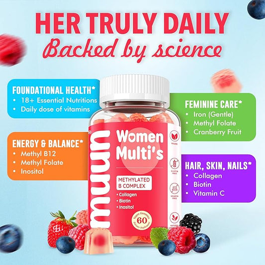 Muun Women's 14+ Multivitamin Gummy 60 Ct, Methylated B-Complex, Beauty & Energy - Sugar Free, Low Iron, Folate, Biotin, Vitamin A, C, D3, E, K, B6, B12