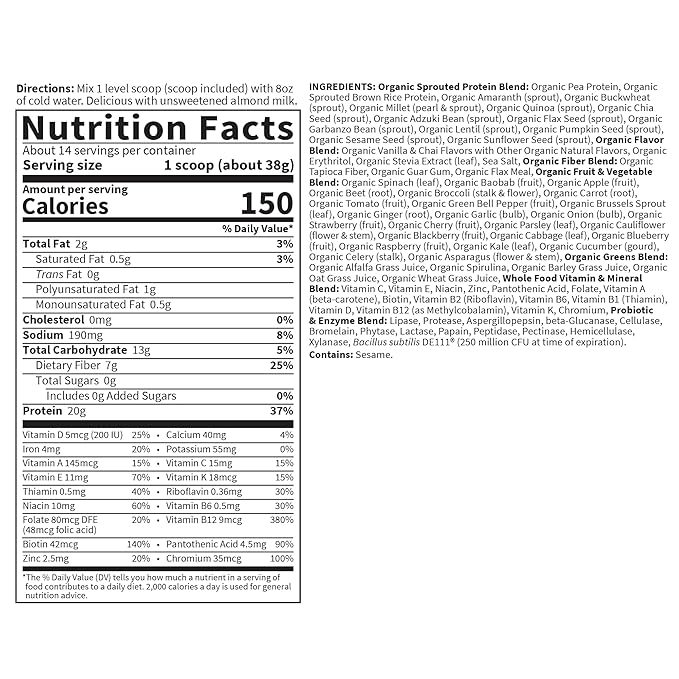Garden of Life Meal Replacement Shakes, Vegan Protein Powder, Raw Organic Protein Powder, Vanilla Chai Protein Powder with Plant Based Pea Protein, Sprouts, Greens, Probiotics, Dairy Free 14 Servings