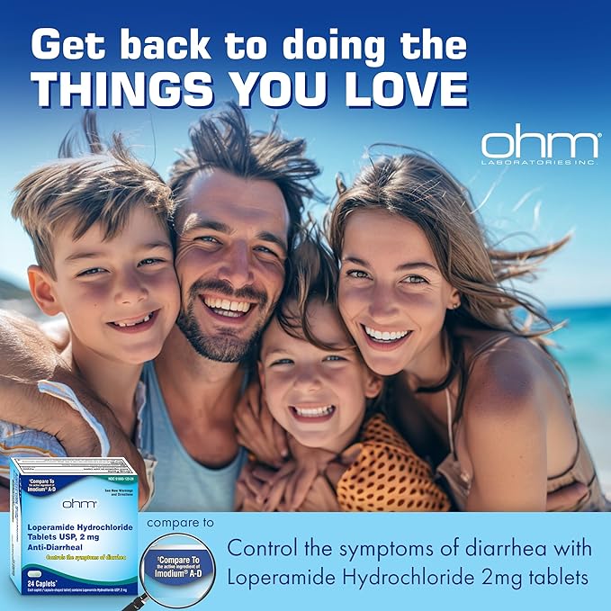 Ohm Loperamide Hydrochloride 2mg Caplets (24 Count) - Anti Diarrhea Pills for Adults, Effective Stomach Relief, Antidiarrheal Pills, Fast Acting Travel Medicine