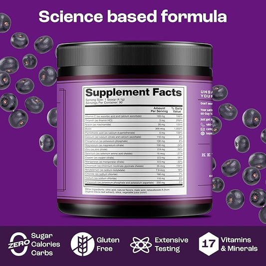 KEY NUTRIENTS Multivitamin Electrolytes Powder No Sugar - Fruity Acai Berry Electrolyte Powder - Endurance & Energy Supplement - Hydration Powder - No Calories - 90 Servings - Made in USA