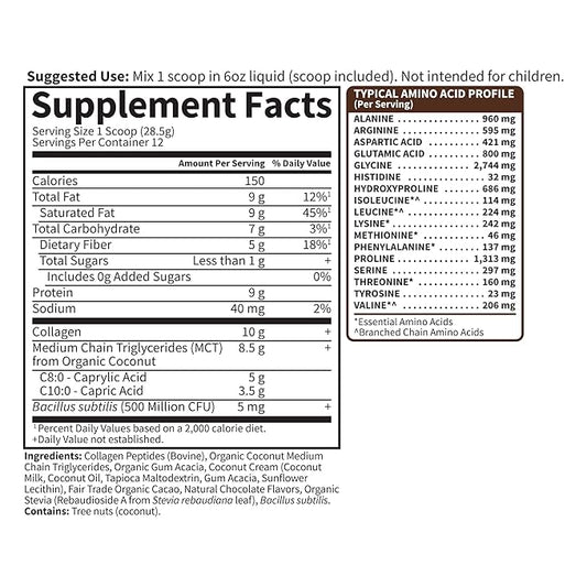 Garden of Life Grass Fed Collagen Creamer Powder - Chocolate, 12 Servings, Collagen Powder for Coffee Energy Beauty Joints, Coconut MCTs, Keto Collagen Protein Supplements