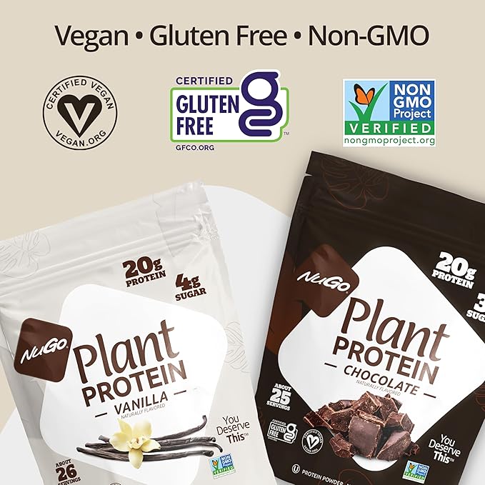 NuGo Plant Protein Powder, Chocolate, 20g Vegan Pea Protein, Low Sugar, Gluten Free, Dairy Free Ingredients, Soy Free, Non-GMO, Plant Based, Kosher, For Smoothies & Shakes, 25 Servings