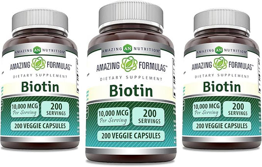 Amazing Formulas Biotin 10000 mcg Veggie Capsules | Vitamin B7 Supplement | Non-GMO | Gluten Free | Made in USA (200 Count | 3 Pack)
