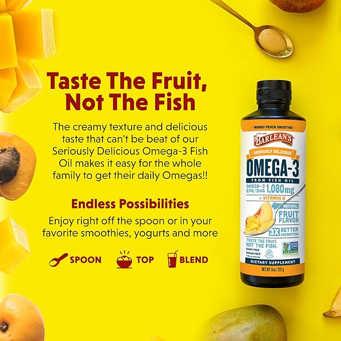 Barlean's Mango Peach Omega 3 Fish Oil Liquid Supplement with Vitamin D, 1080mg EPA & DHA Fatty Acid, Smoothie Flavored & Burpless for Brain, Joint, & Heart Health, 8 oz