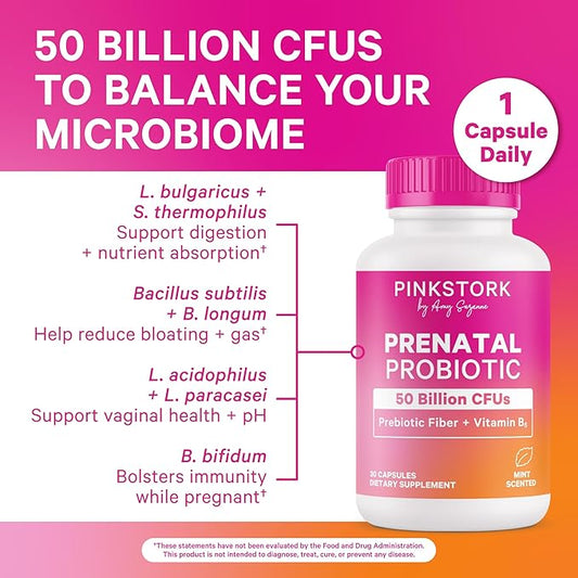 Pink Stork Prenatal Probiotics for Women - 50 Billion CFUs, Vitamin B6, Prebiotics, Morning Sickness, Gut Microbiome, Immune Support, Pregnancy Must Haves, Mint Essence - 30 Capsules