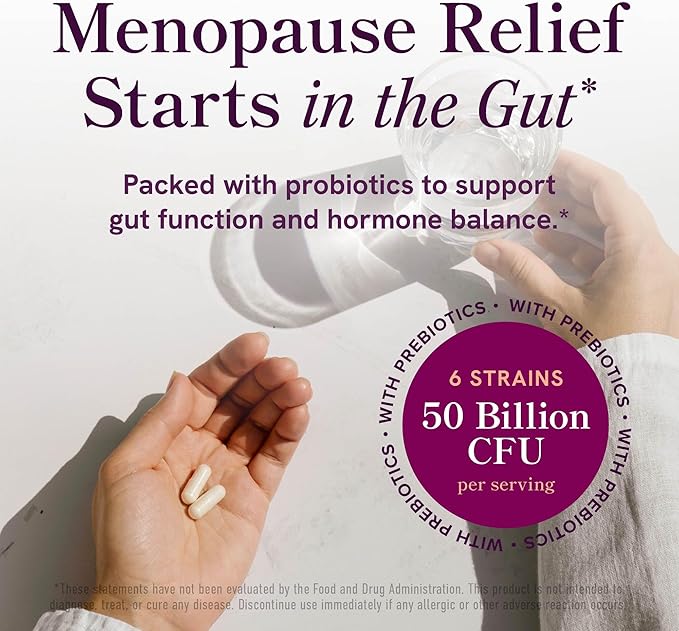 Menopause Support with Prebiotics and Probiotics for Women | Hormone Balance, Hot Flashes & Night Sweats | 50 Billion CFU, DIM & Black Cohosh | Triple Action Menopause Supplements for Women | 30 Ct