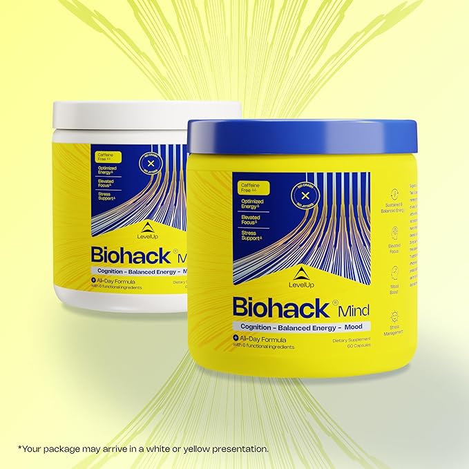 LevelUp Biohack Mind - Nootropic Brain Supplement for Men & Women | Balanced Energy, Focus, Mood & Stress Optimization with Ashwagandha, Lion's Mane, Alpha GPC, Ginseng and More - 60 Count
