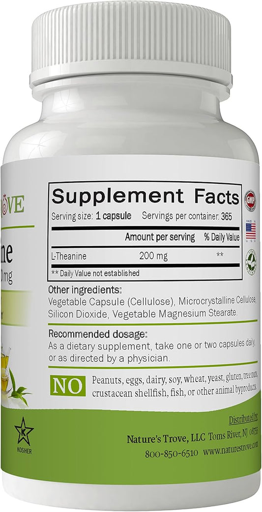 Nature's Trove L-Theanine 200mg Super Value Size - 365 Vegetarian Capsules