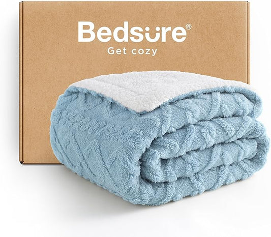 Bedsure Sherpa Fleece Blanket Twin Size for Bed - GentleSoft Fluffy & Cozy Cable Jacquard Tufted for Women Gift, Thick and Warm Blankets for Winter, Blue, 60x80 Inches