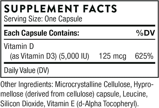 THORNE - Vitamin D-5000 - Vitamin D3 Supplement - Support Healthy Bones, Teeth, Muscles, Cardiovascular, and Immune Function* - NSF Certified for Sport - Dairy-Free, Soy-Free - 60 Capsules