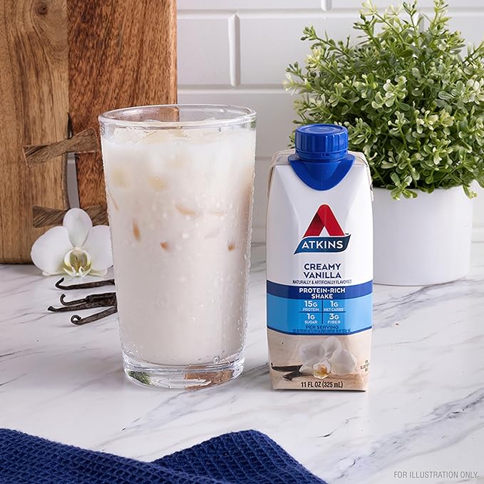 Atkins Creamy Vanilla High Protein Shake, 15g Protein, Low Glycemic, Low Carb and Low Sugar Shakes, Keto Friendly, 12 Vanilla Flavored Protein Shakes