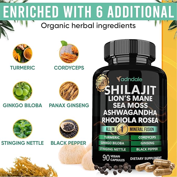 Adndale Shilajit Ultra Force 11-in-1. Pure Himalayan Organic Shilajit for Men and Women Capsules with Sea Moss Ashwagandha Rhodiola Rosea Lion’s Mane. 90 Count
