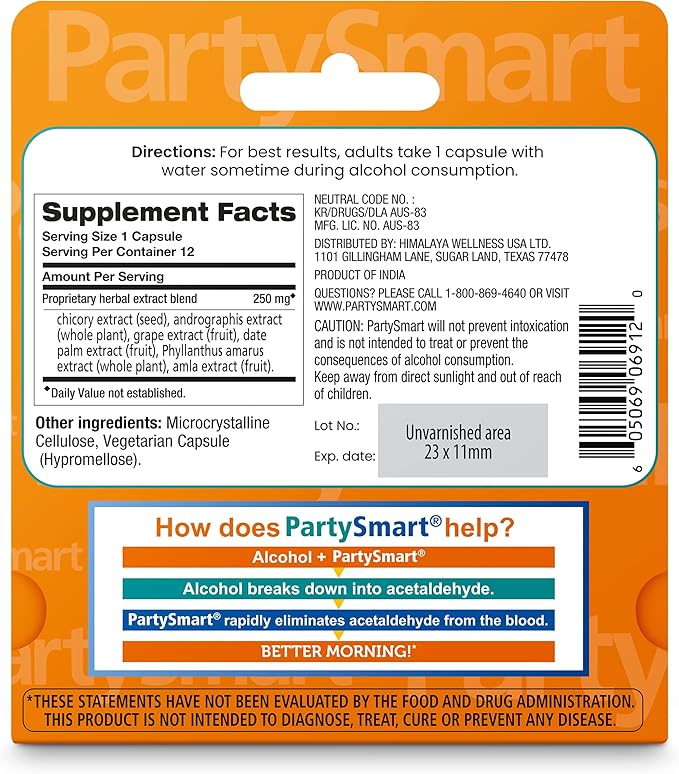 Himalaya PartySmart, One Capsule for a Better Morning, Plant-Based, Liver Support, Better Morning After Drinking, Clinically Studied, Non-GMO Project Verified, 12 Capsules
