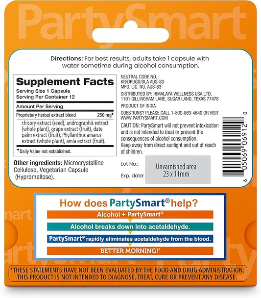 Himalaya PartySmart, One Capsule for a Better Morning, Plant-Based, Liver Support, Better Morning After Drinking, Clinically Studied, Non-GMO Project Verified, 12 Capsules