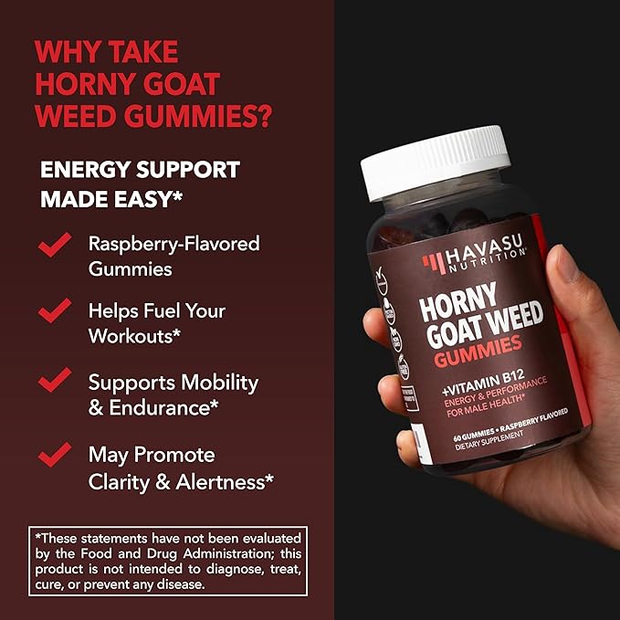 Horny Goat Weed Gummies with Vitamin B12 - Energy, Endurance & Performance Support for Male Health - 30 Count - Vegetarian-Friendly, Non-GMO, Pectin-Based - Raspberry Flavor, 15 Servings