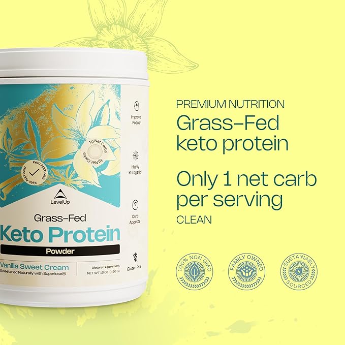LevelUp Keto Protein, with Collagen Peptides, Energizing MCT, Whey Isolate Protein, Ketogenic Protein Powder Supplement - Vanilla Sweet Cream