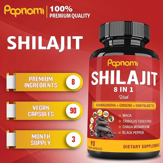 Shilajit Himalayan Capsules - 3 Month Supply - Combined Ashwagandha, Ginseng, Saw Palmetto, Maca, Tribulus, Chaga, Black Pepper