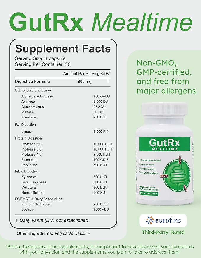 Mealtime – Digestive Enzyme Supplement for Bloating, Gas & Food Sensitivities – Supports Carb, Fat, Protein & FODMAP Breakdown – Alpha-Galactosidase, Protease, Lactase – 30 Capsules