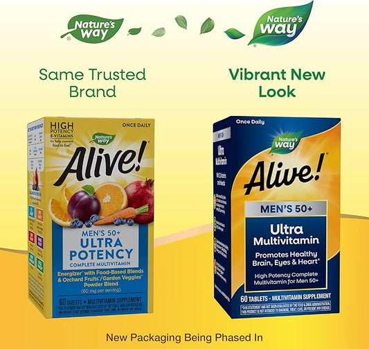 Nature's Way Alive! Men’s 50+ Daily Ultra Multivitamin, High Potency Formula, Supports Healthy Brain, Eyes & Heart*, with Methylated B12, Gluten-Free, 60 Tablets (Packaging May Vary)