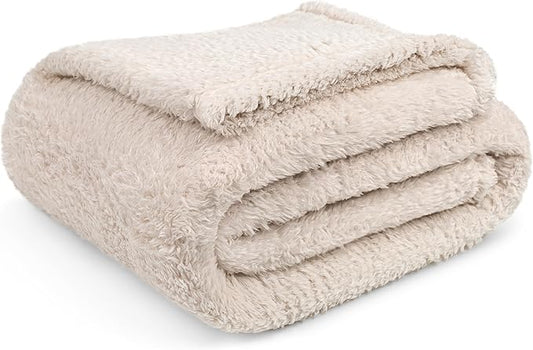 PAVILIA Sherpa Throw Blanket for Couch Sofa, Cream Beige Fluffy Warm Plush Blanket for Twin Bed, Cozy Super Soft Lightweight Throw, Fuzzy Decorative Blanket, All Season Home, 60x80