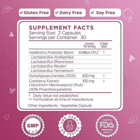 VeeFresh VeeBiotics Cranberry Probiotics for Women - 60 Capsules Women's Probiotics with Prebiotics & Cranberry Extract for pH Balance & Odor Control, Promotes Healthy Vaginal Flora & Overall Wellness