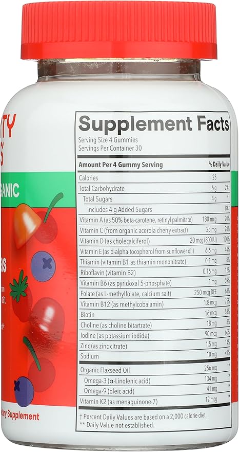 SmartyPants Organic Kids Multivitamin Gummies: Probiotics, Omega 3 (ALA), Vitamin D3, C, Vitamin B12, B6, A, K & Zinc for Immune Support, Biotin, Three Fruit Flavors, 120 Count (30 Day Supply)