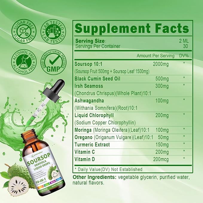 Soursop Drops - 10 in 1 Soursop Bitters Liquid, 2000mg Soursop Extract with Sea Moss, Moringa, Turmeric, Black Seed Oil, Oregano, Ashwagandha - Immune, Antioxidant, Digestive & Cell Support, 2 Fl Oz