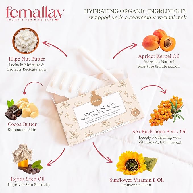 Femallay Organic Vaginal Moisturizing Suppository Melts - 100% Natural Suppositories for Vaginal Odor and Dryness Relief, Ultra-Hydrating Fast-Acting Comfort (Vanilla- 2 Pack)